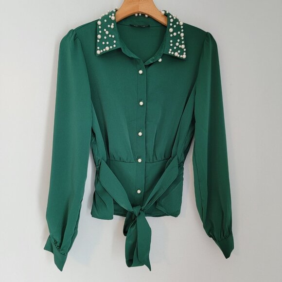Lulumari Top Size S Green Pearl Embellished Neck And Buttons Career Classic - Picture 4 of 11